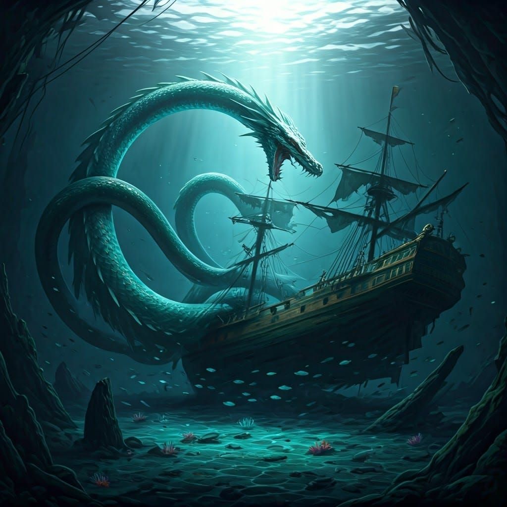 Sea Serpent Crushes Pirate Ship: Digital Matte Painting