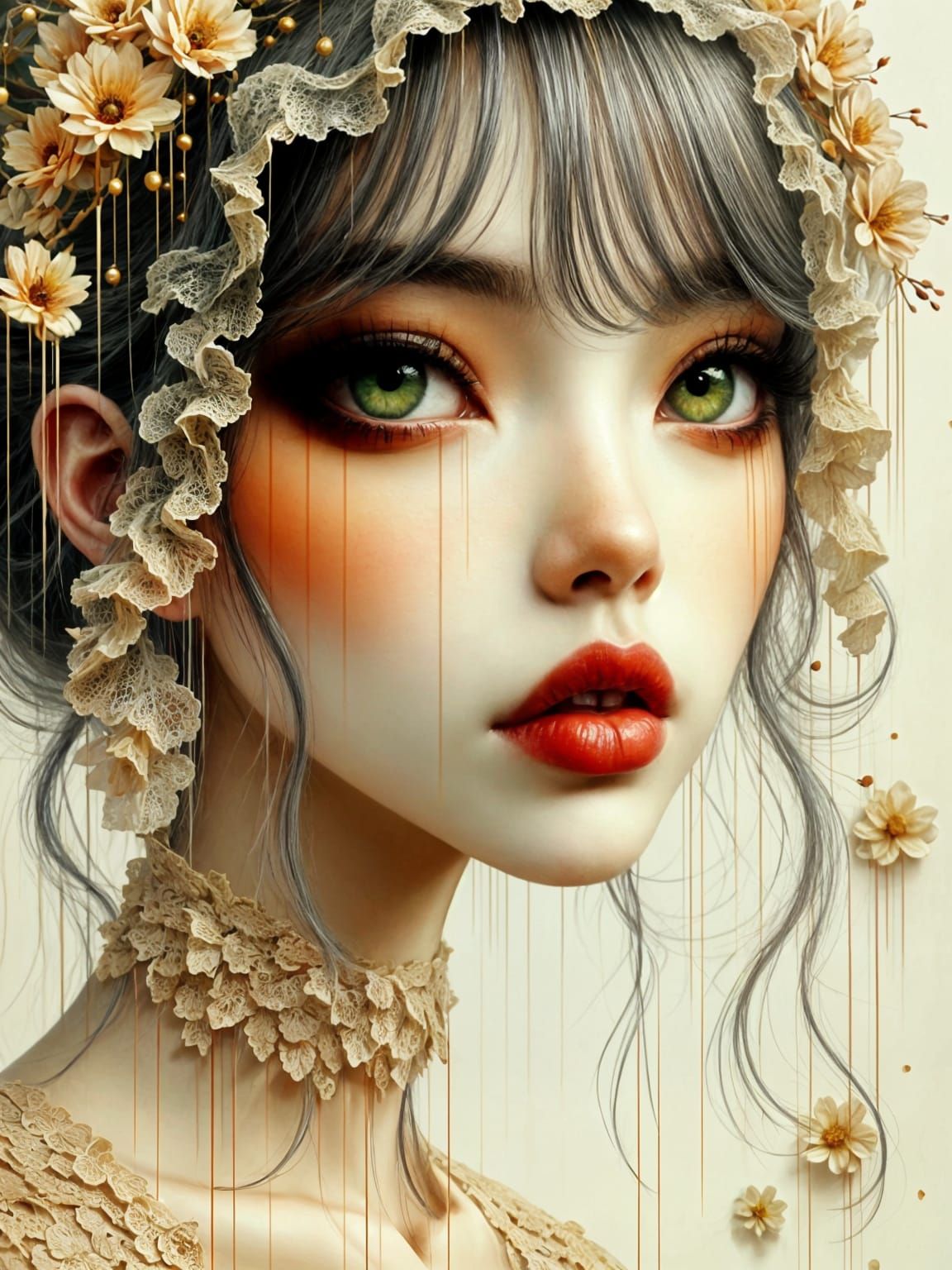 Ethereal Girl with Lace Veil in Dreamy Hues