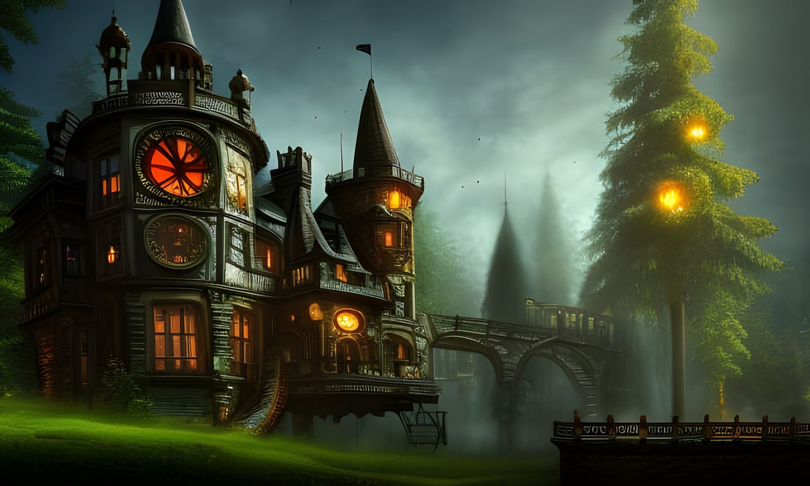 Detailed Steampunk Castle in Dark Fantasy Forest