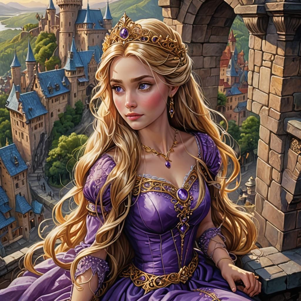 Rapunzel in Medieval Tower, Detailed Digital Art