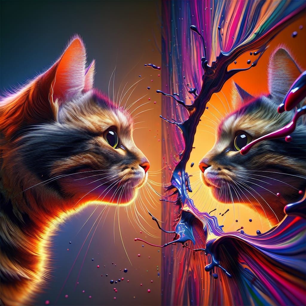 Whimsical Feline Contemplates Its Reflection in Vibrant Surr...