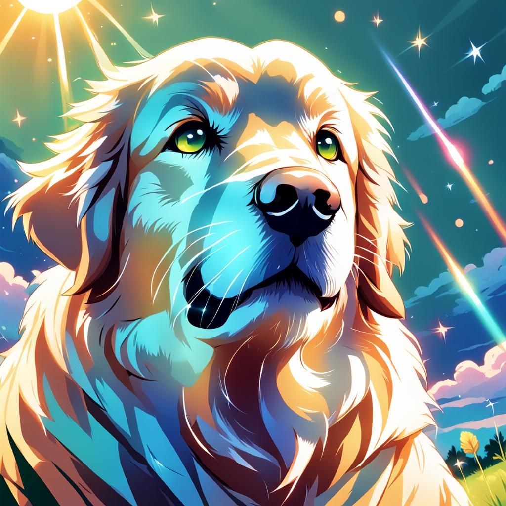 Golden Retriever on Hill in Vibrant Anime Style