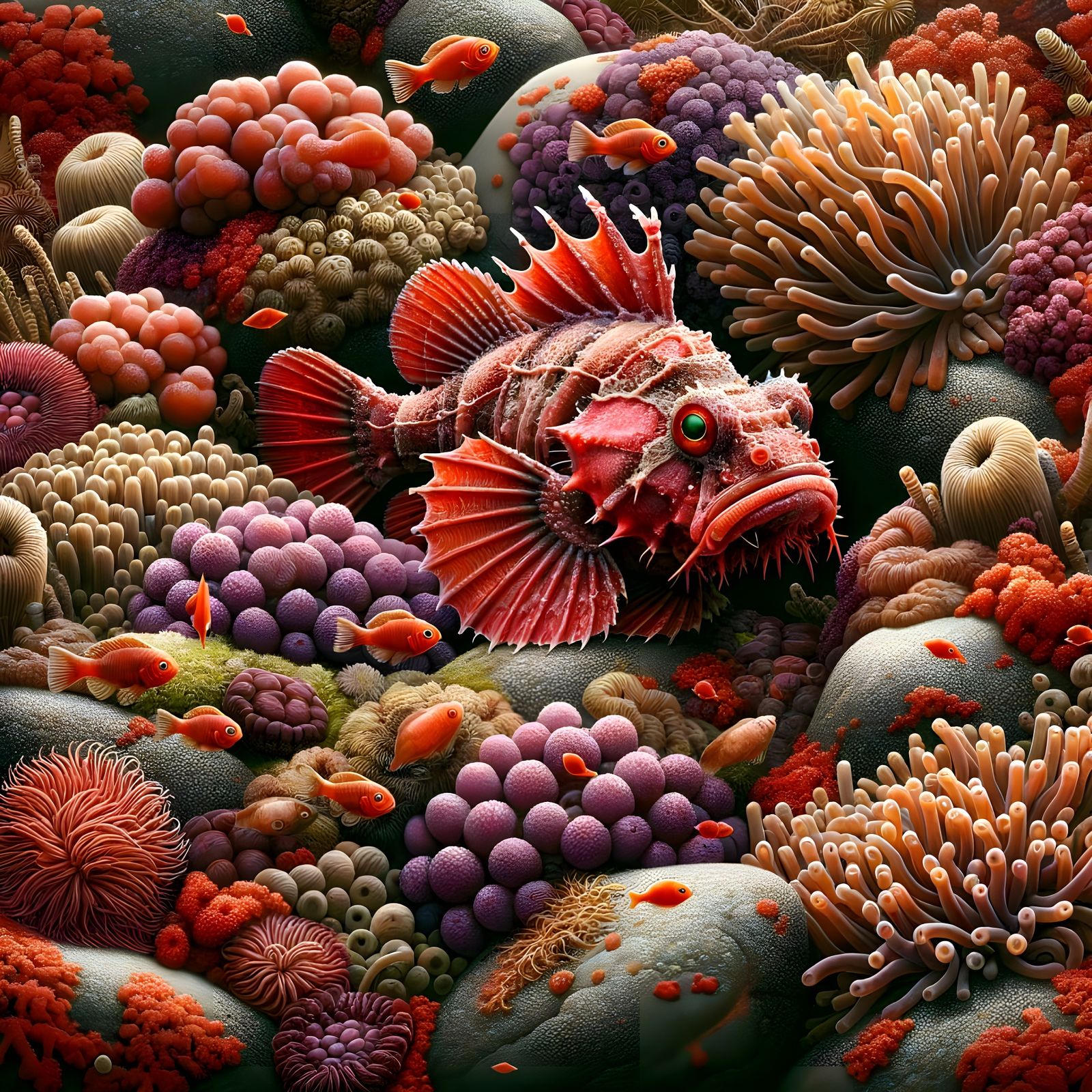 Red Irish Lord Sculpin Amidst Vibrant Marine Life