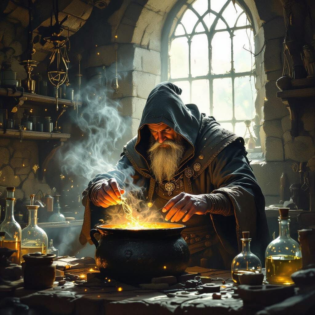 Ancient Alchemist Crafts Potion in Dark Fantasy Lab