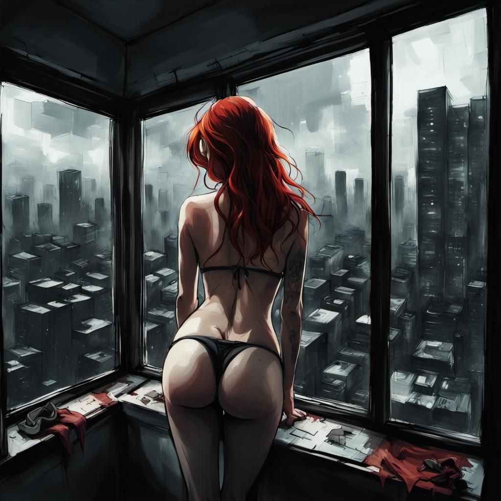 Redhead Unhooks Bikini in Dark Cyberpunk Fantasy Style
