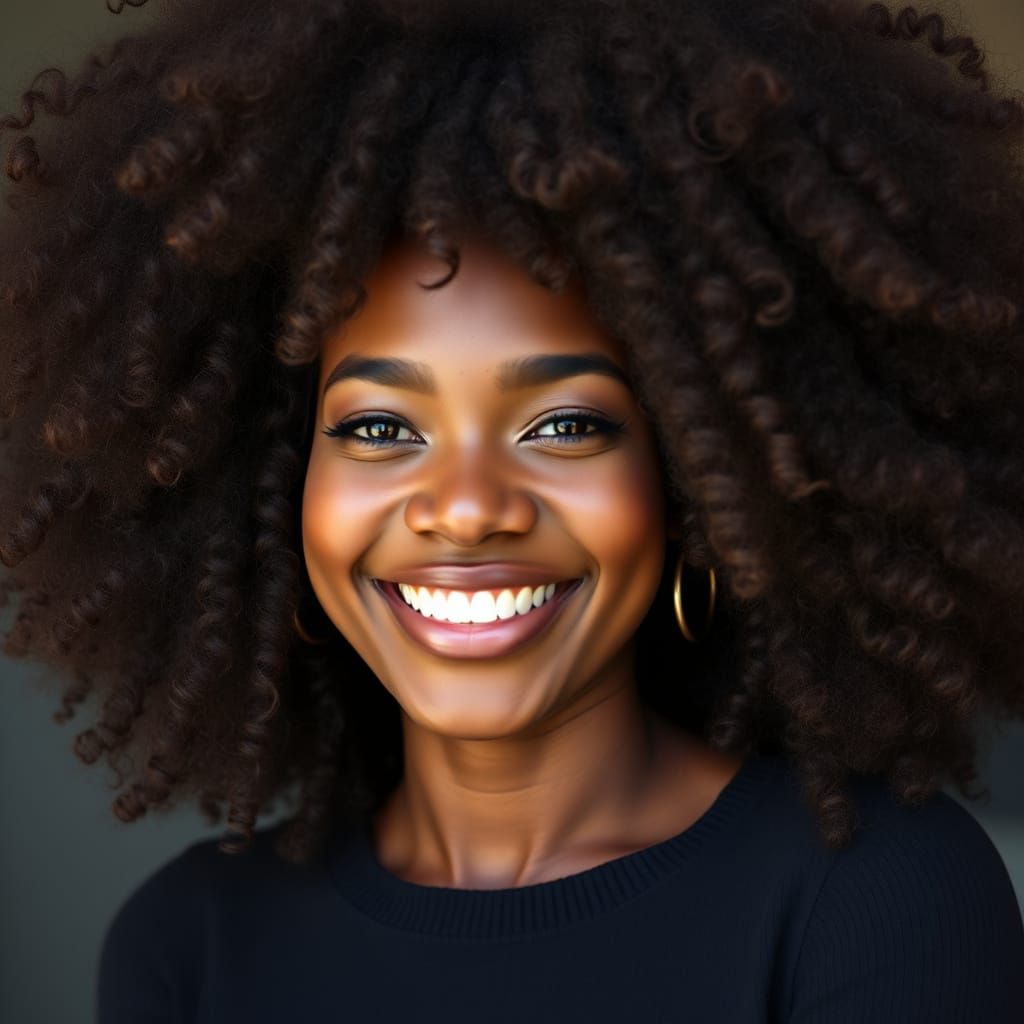 Smiling Black Woman with Voluminous Afro Hairstyle