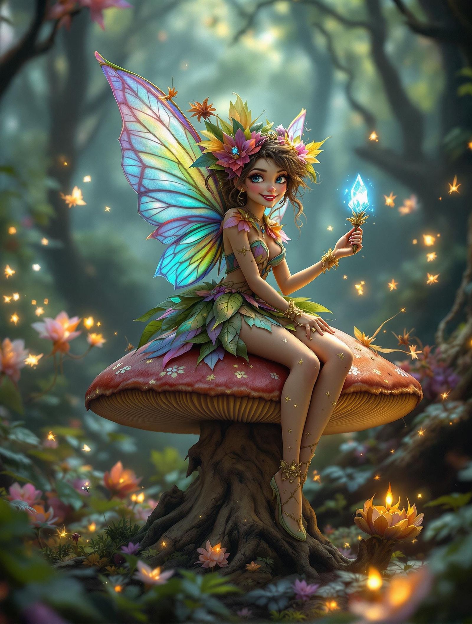 Whimsical Pixie Sits atop a Giant Mushroom in an Enchanted F...