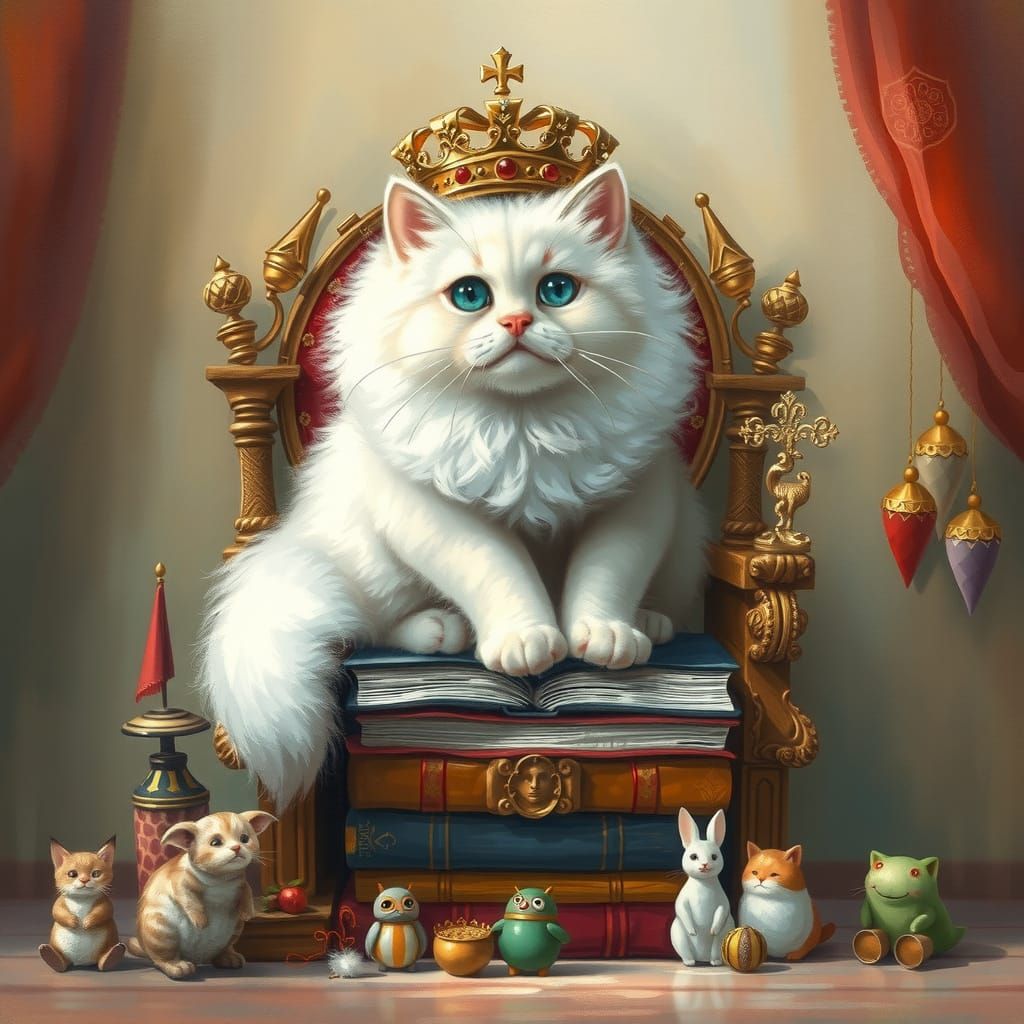 Feline Monarch Rules Over Toy Kingdom in Painterly Whimsy