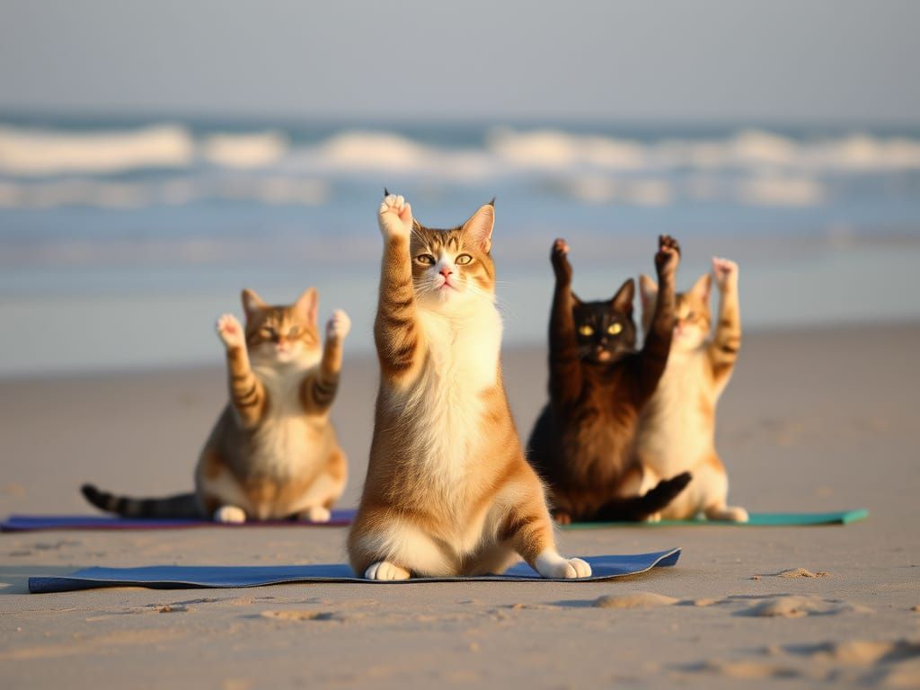 Cats Doing Yoga on the Beach