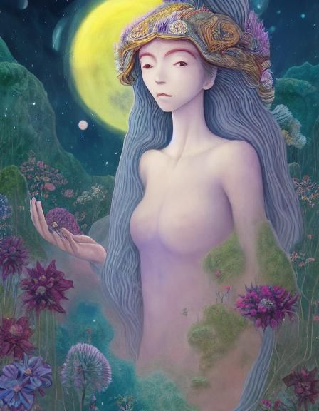 Woman Holding Galaxy in Andes, Watercolor Art