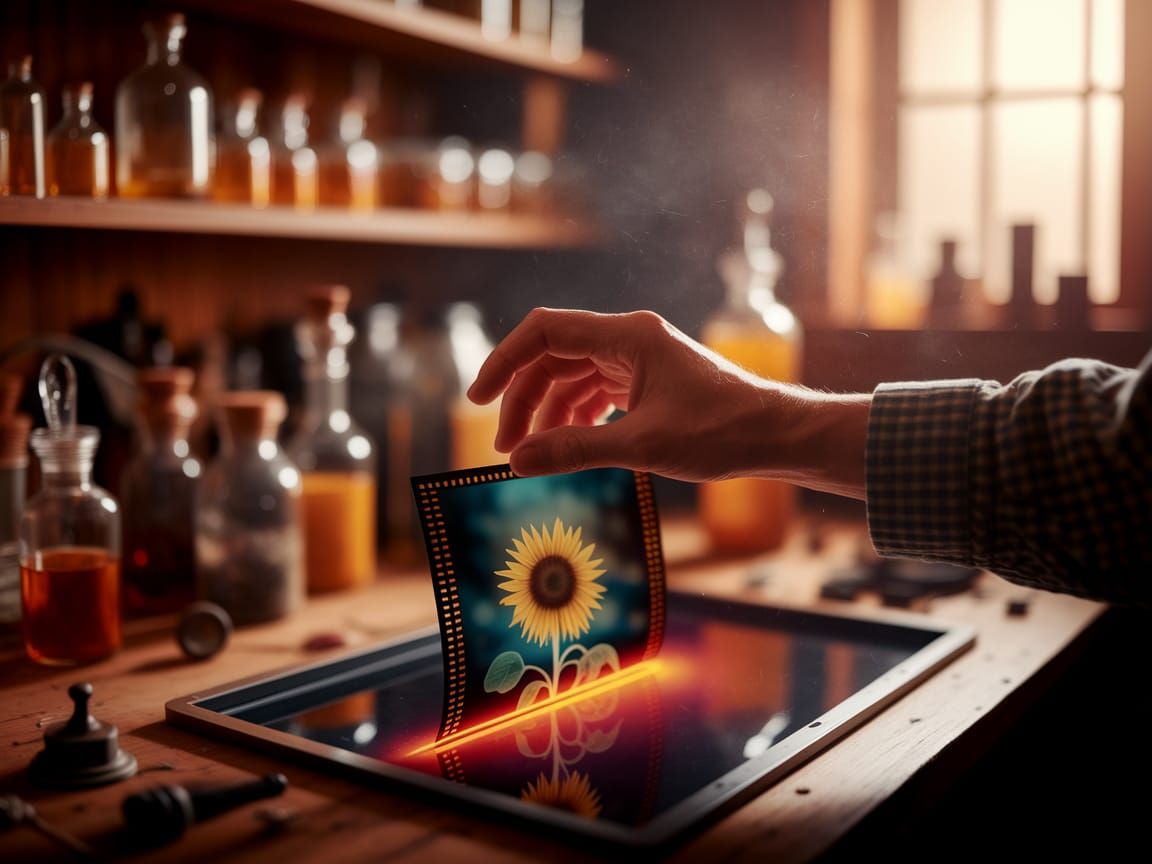 Film Development: Hand Guides Blooming Sunflower Film in Vin...