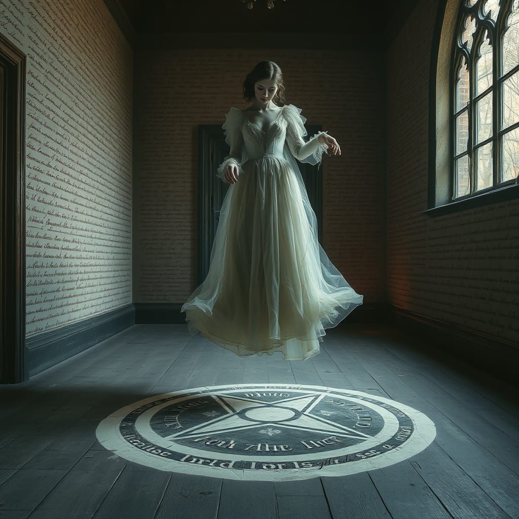 Ethereal Ghost Floating Above Hex Mark in Gothic Atmosphere
