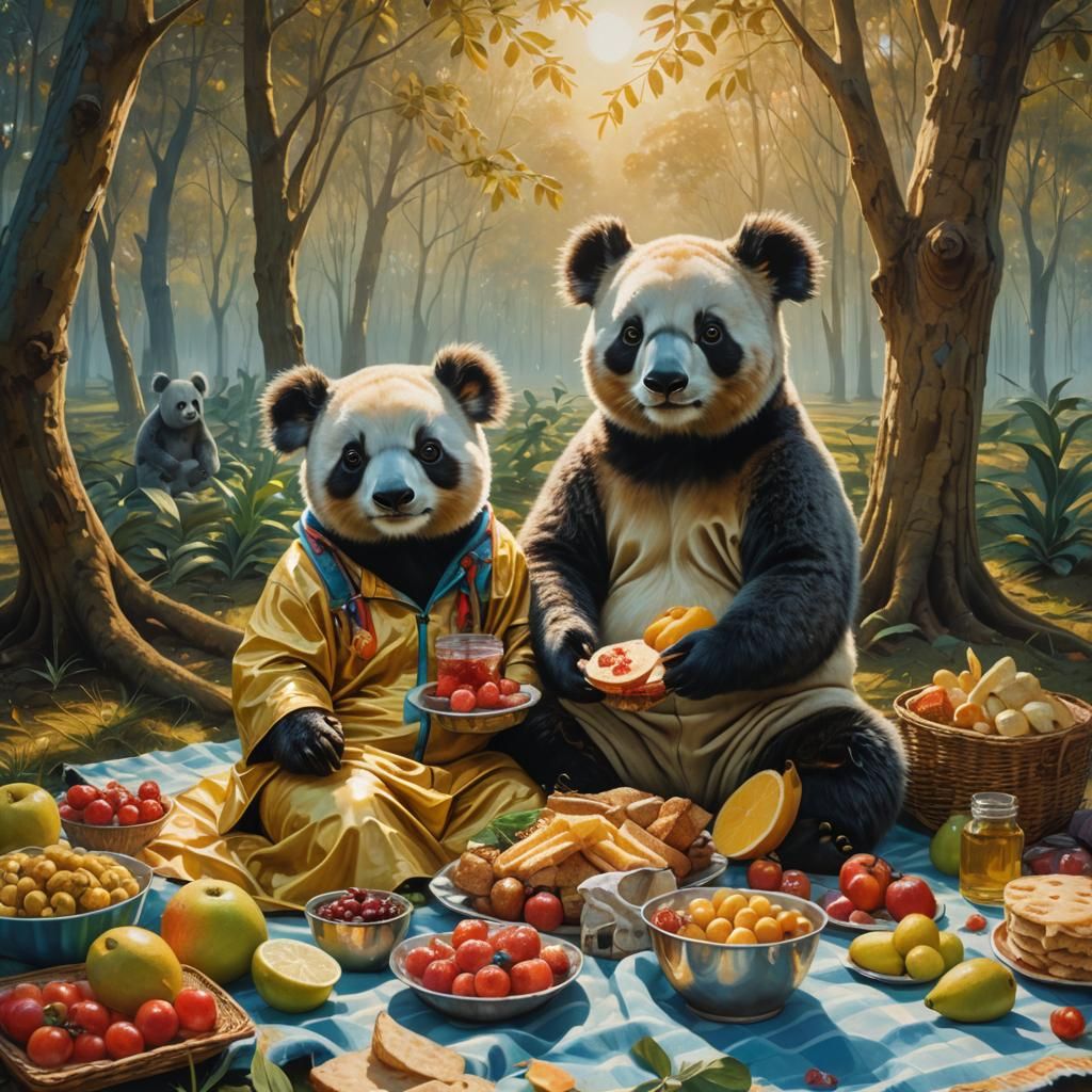 Panda and Koala Picnic: Surrealist Portrait