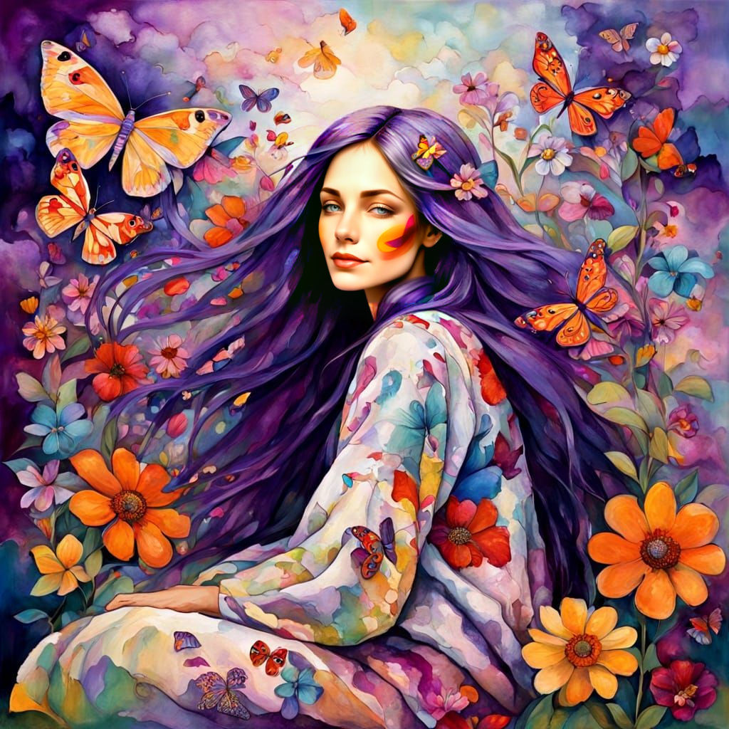 Boho Woman with Purple Hair Amidst Flowers