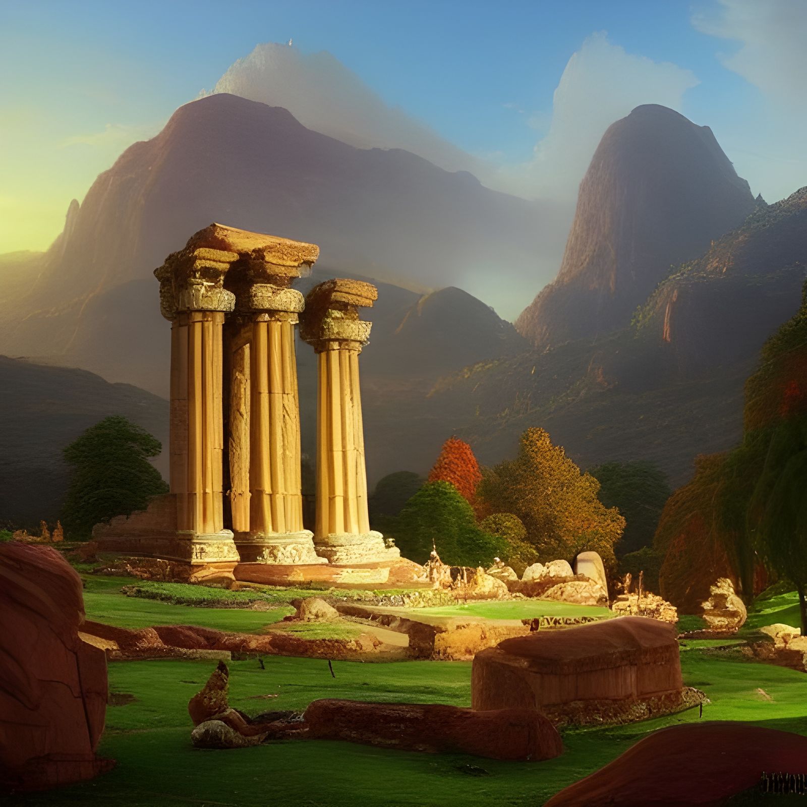 Ornate Autumn Temple Ritual in Luminism Art Style