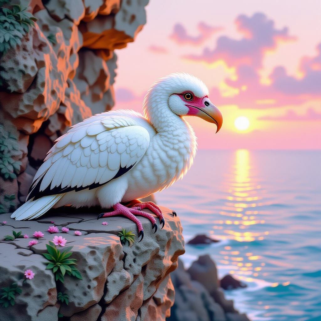 Dodo Bird on Rocky Ledge in Pink Evening Light