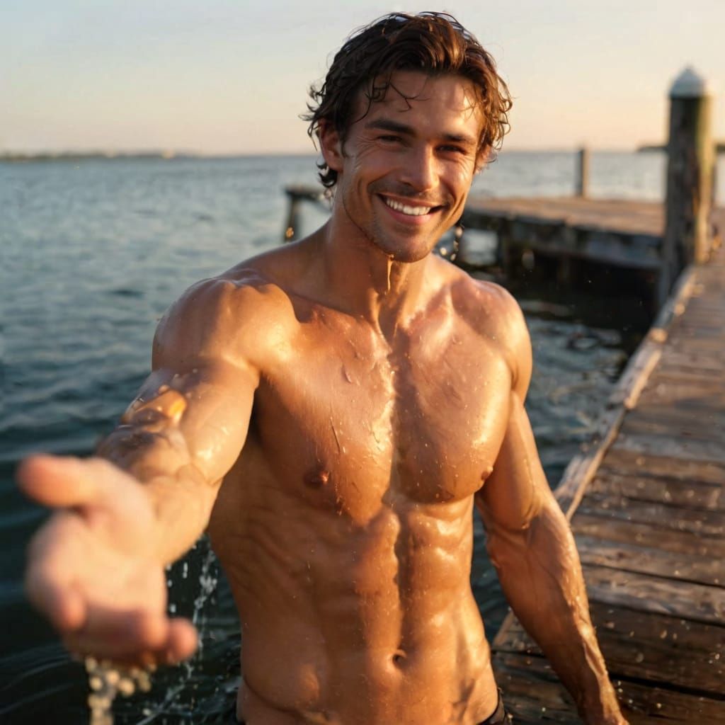 Man Beckons From Glistening Dock at Golden Hour