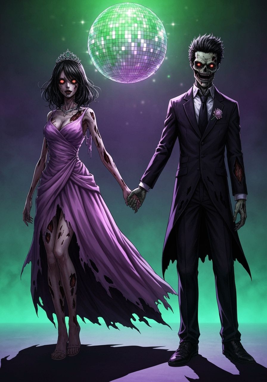 Undead Prom Couple in Eerie Anime Horror Style