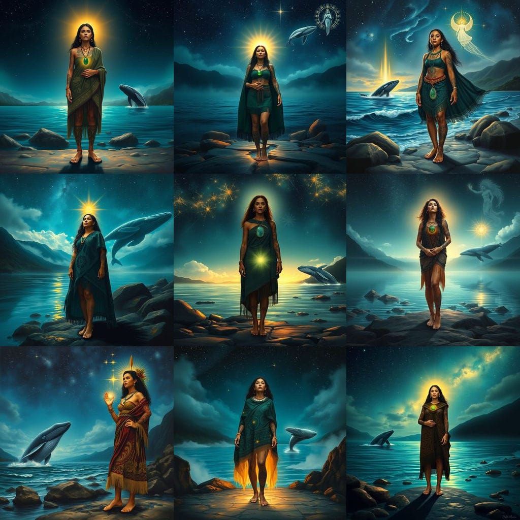 Polynesian Woman at River Mouth under Starlit Sky