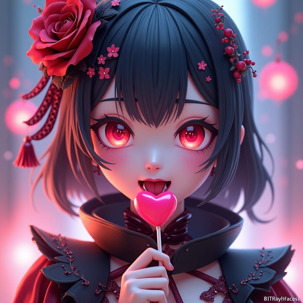 Anime Vampire Girl Licks Heart-Shaped Lollipop in Futuristic...