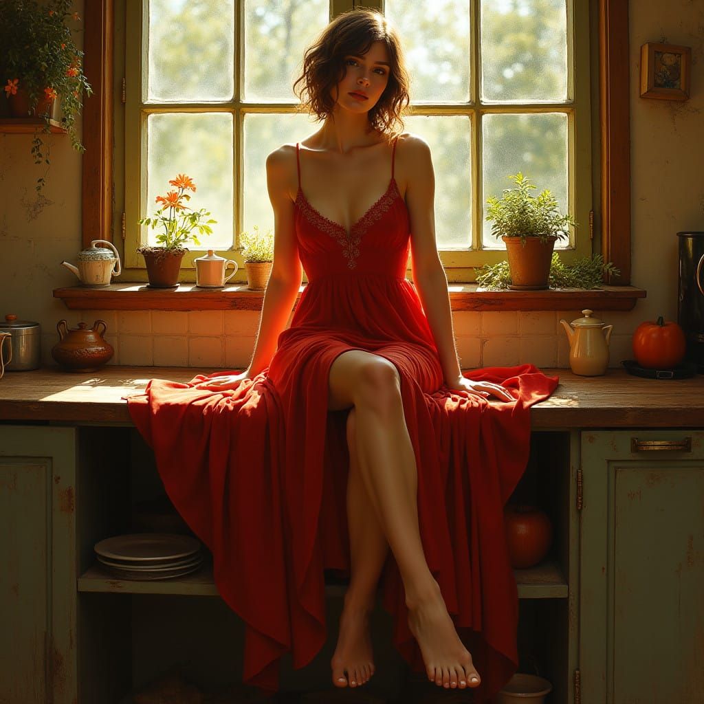 Red Dress on Rustic Kitchen Counter in Whimsical Art Nouveau...