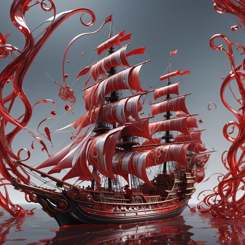 Abstract Red Glass Model Ship in Anime Style