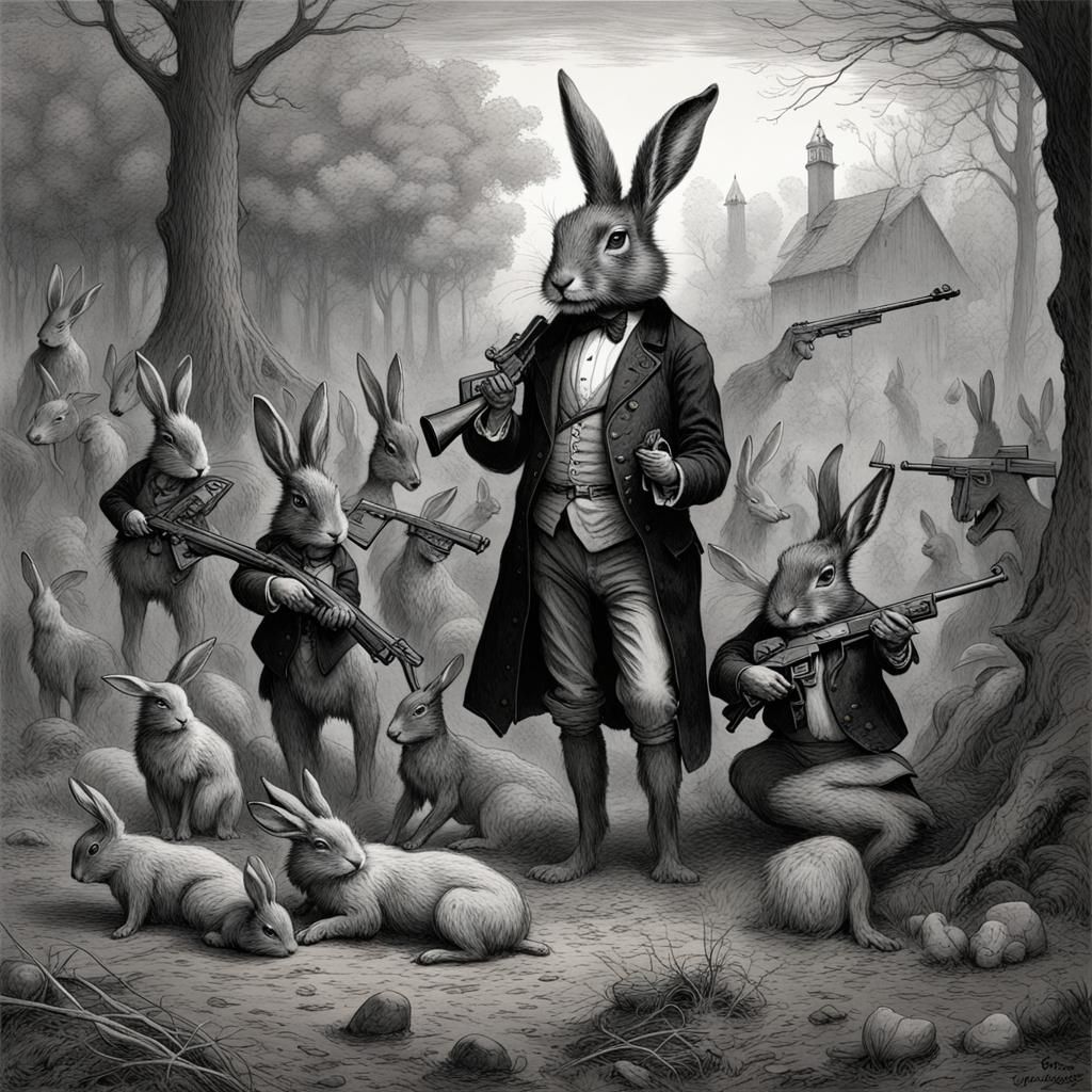 Horror Woodstock Guns and Bunnies in Dark Fantasy Style