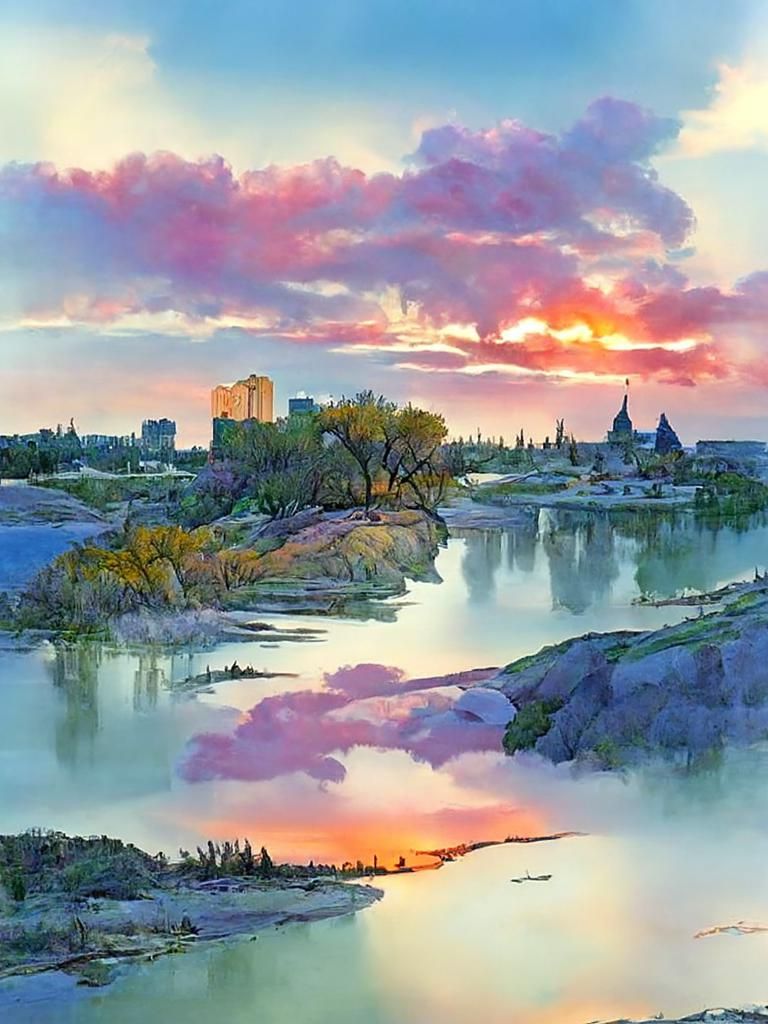 Ethereal Sunrise Landscape in Painterly Watercolor Style