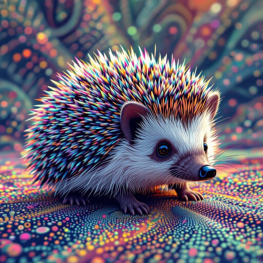 Vibrant Hedgehog with Iridescent Quills on Kaleidoscopic Bac...