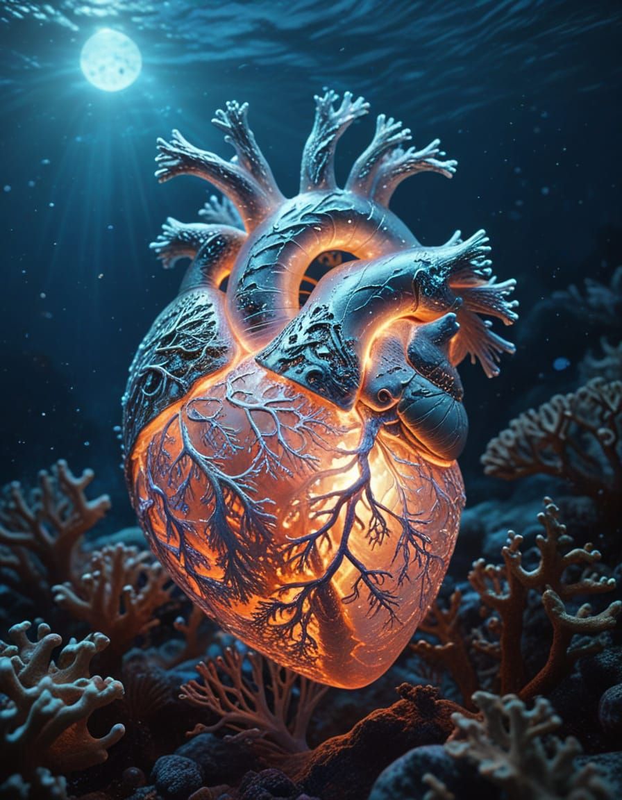 Mystical Coral Heart in Luminous Ocean Depths