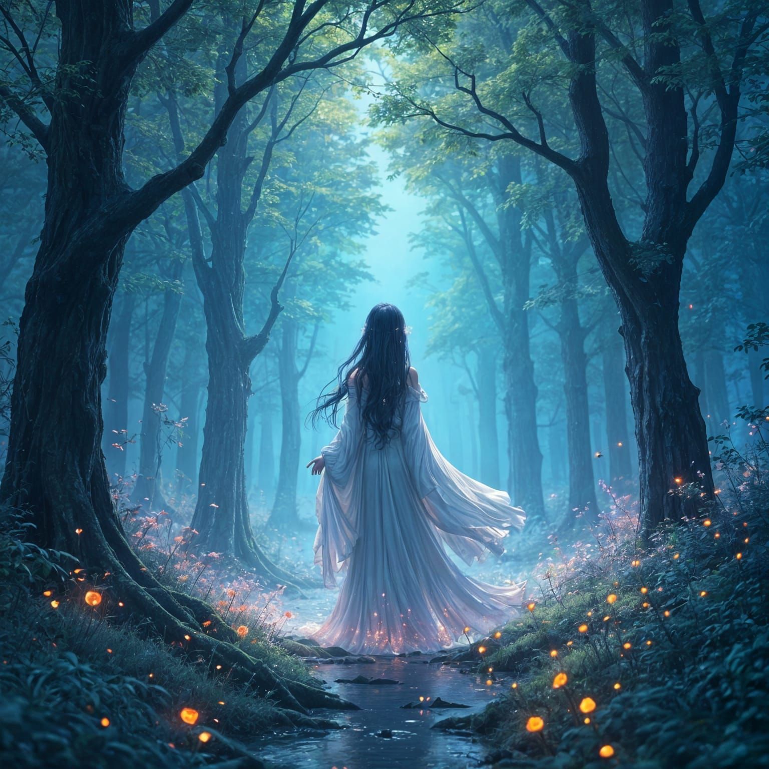 Anime Forest Spirit in Glitching Bioluminescent Grove