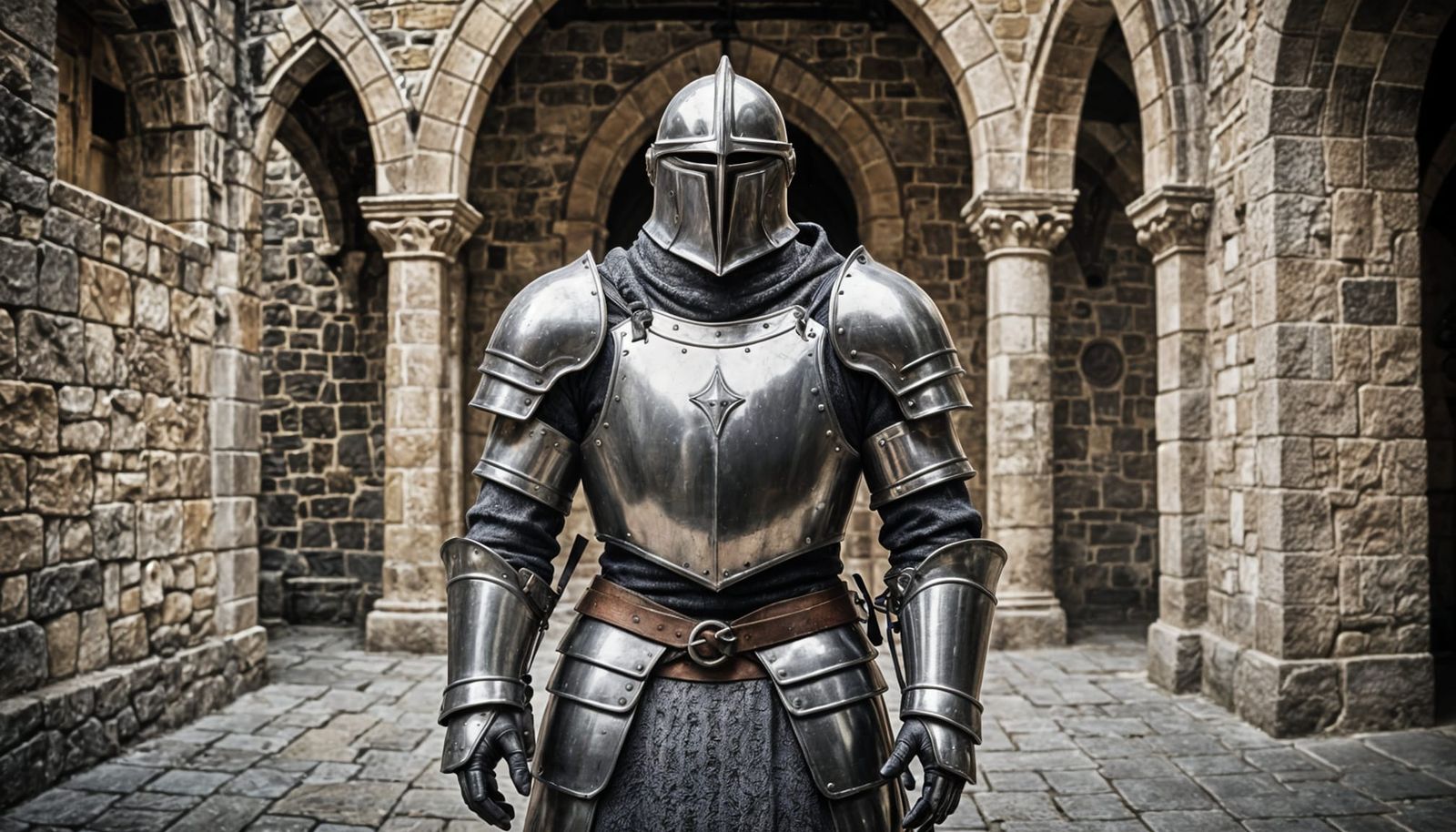 Medieval Armor in Gothic Courtyard: Monochrome Photography