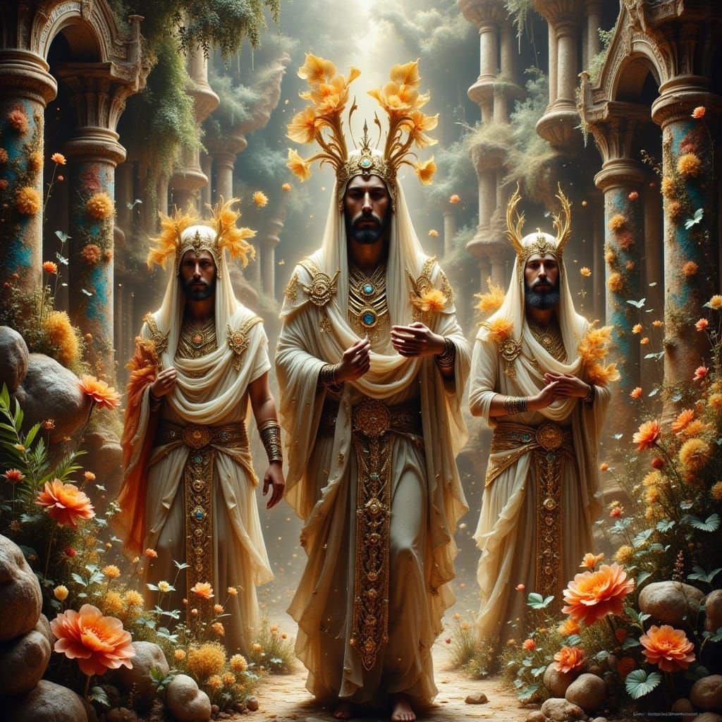 Sumarian Priests Admire Ethereal Gardens in Hyperkraximalism...