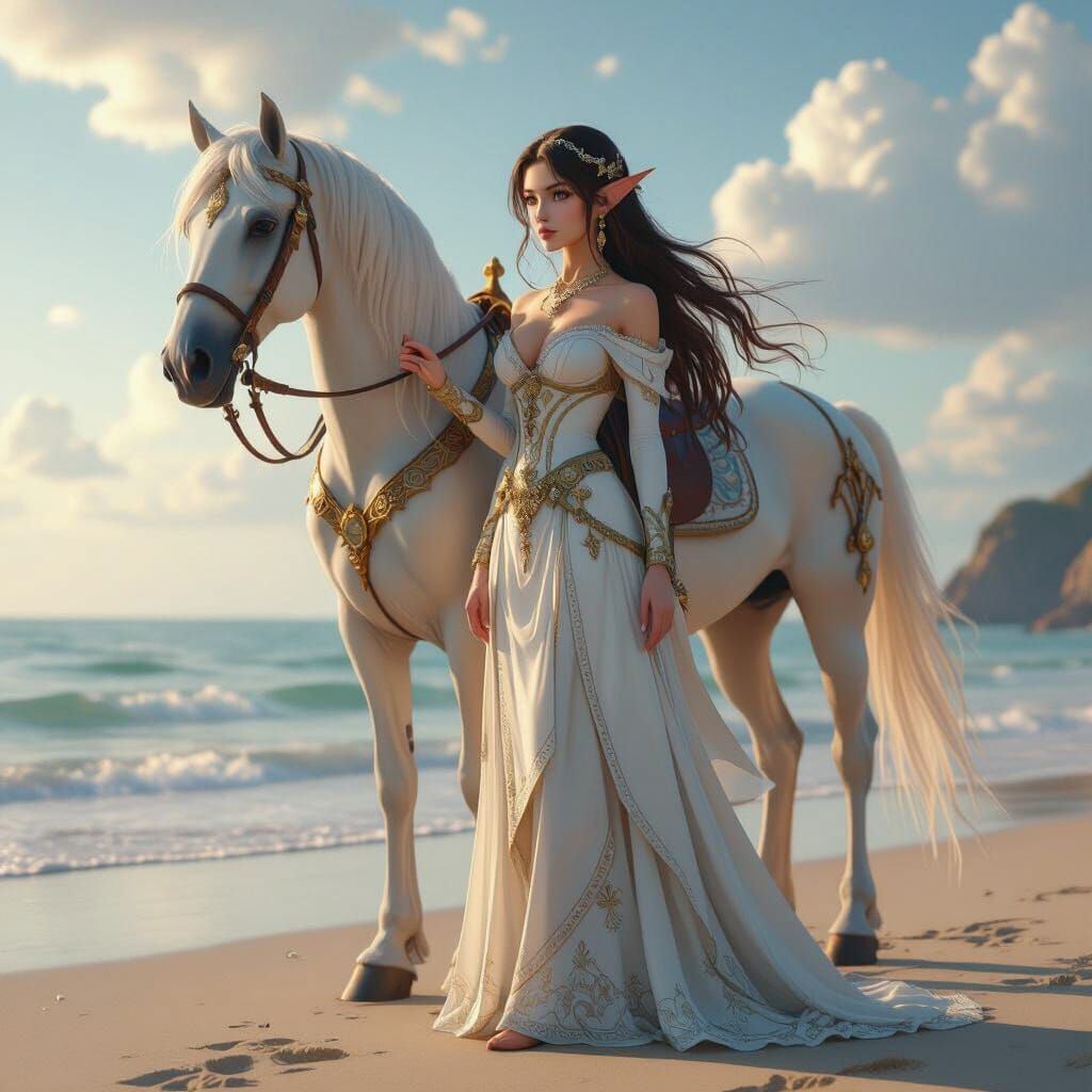 Elegant Elf Woman and Horse on Beach