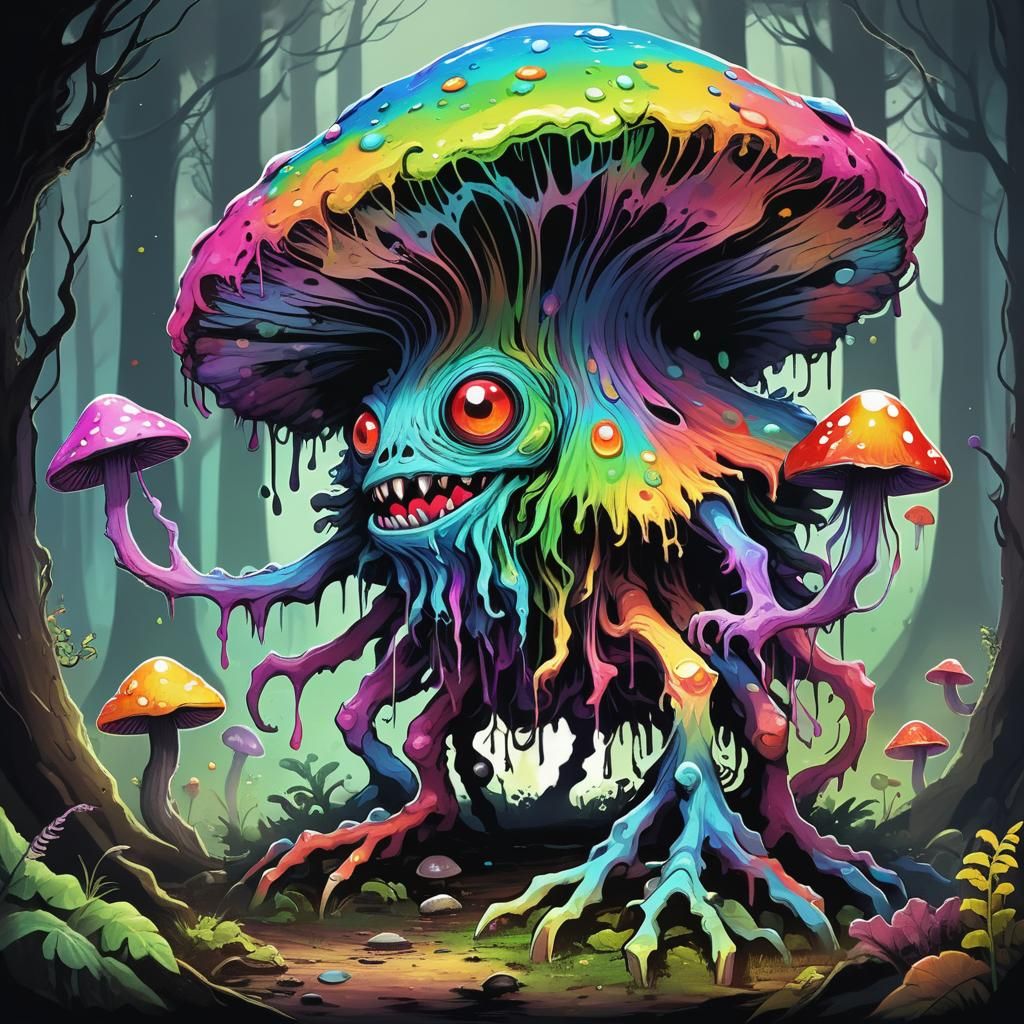 Rainbow Fungus Monster in Weirdcore Style