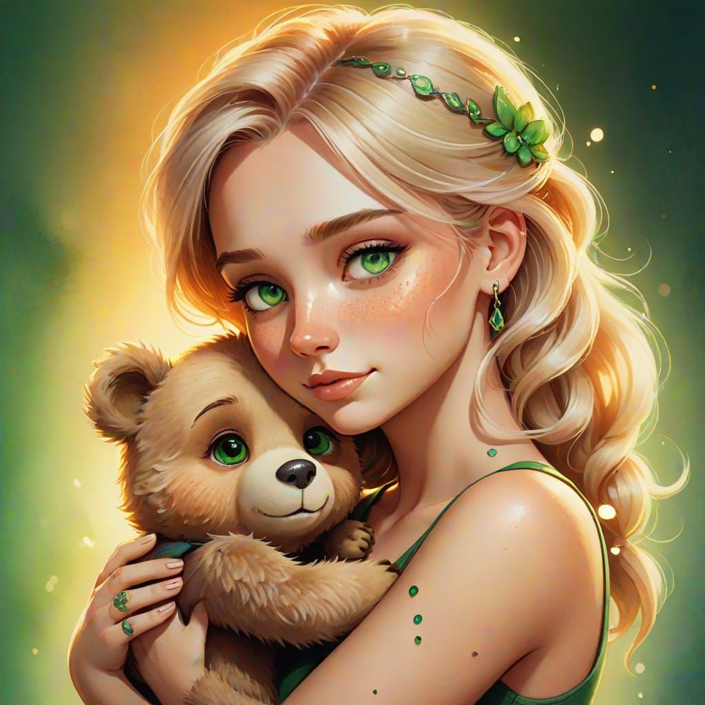 Blonde Woman Hugging Bear in Pixar-Style Illustration