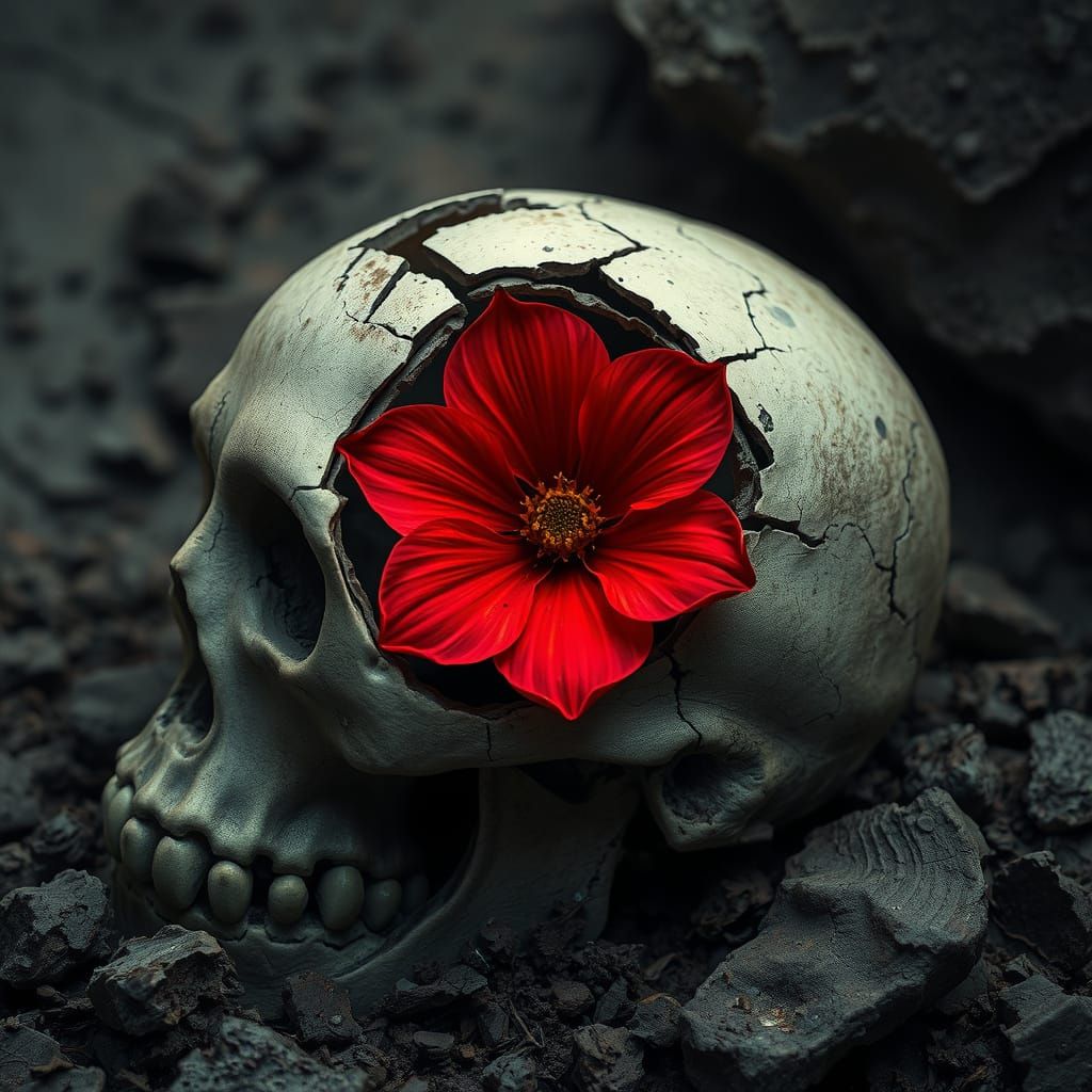 Vibrant Flower Blooms in Skull: Hyper-Realistic HDR Image