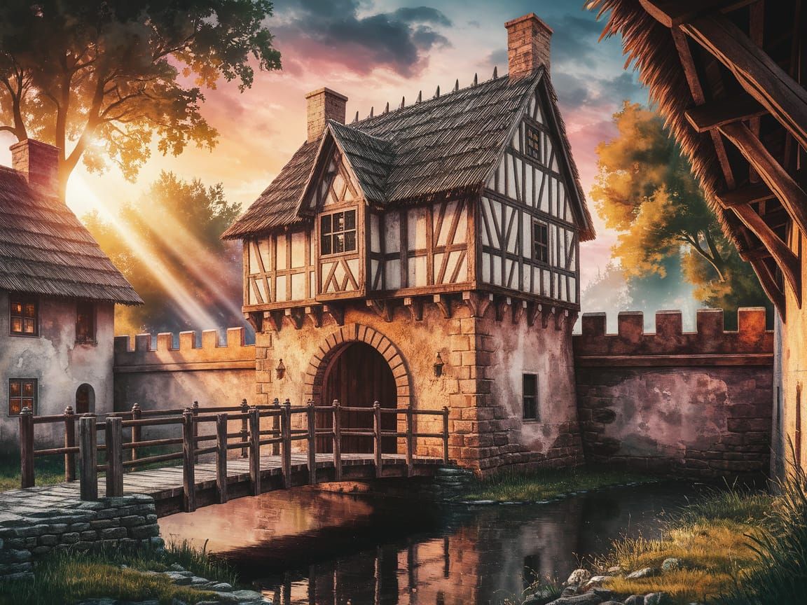 Medieval Gatehouse in Golden Light: Watercolor Painting
