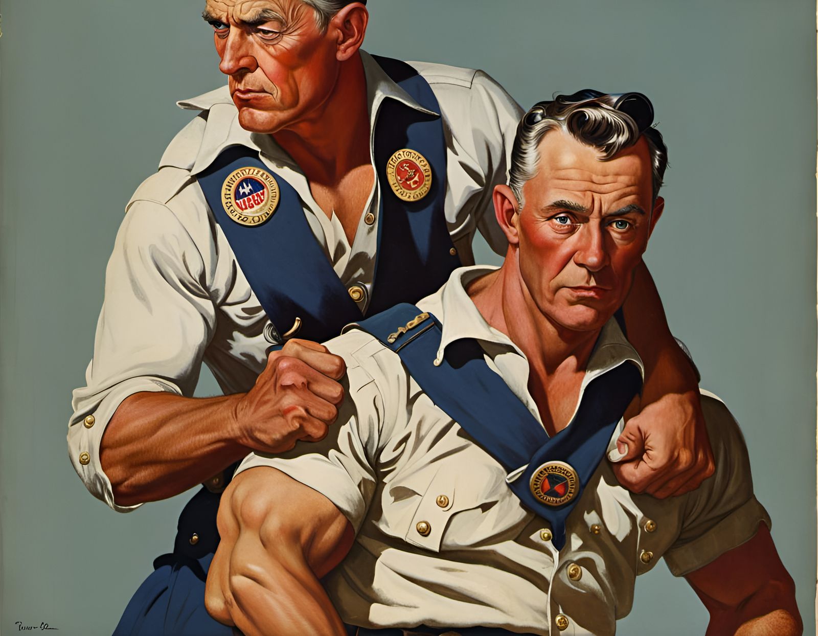 Burly Men in Cub Scout Uniforms, Rockwell Style