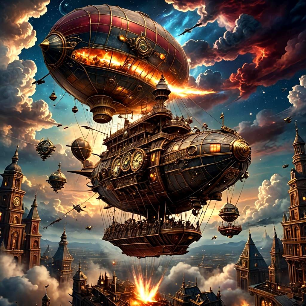Steampunk Airship Battle in Galaxy Sky