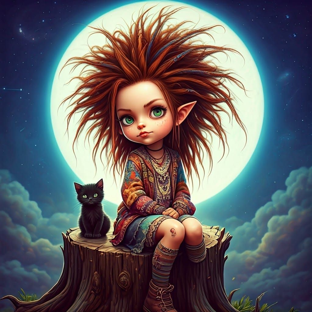 Whimsical Boho Fairy with Kitten in Celestial Scene