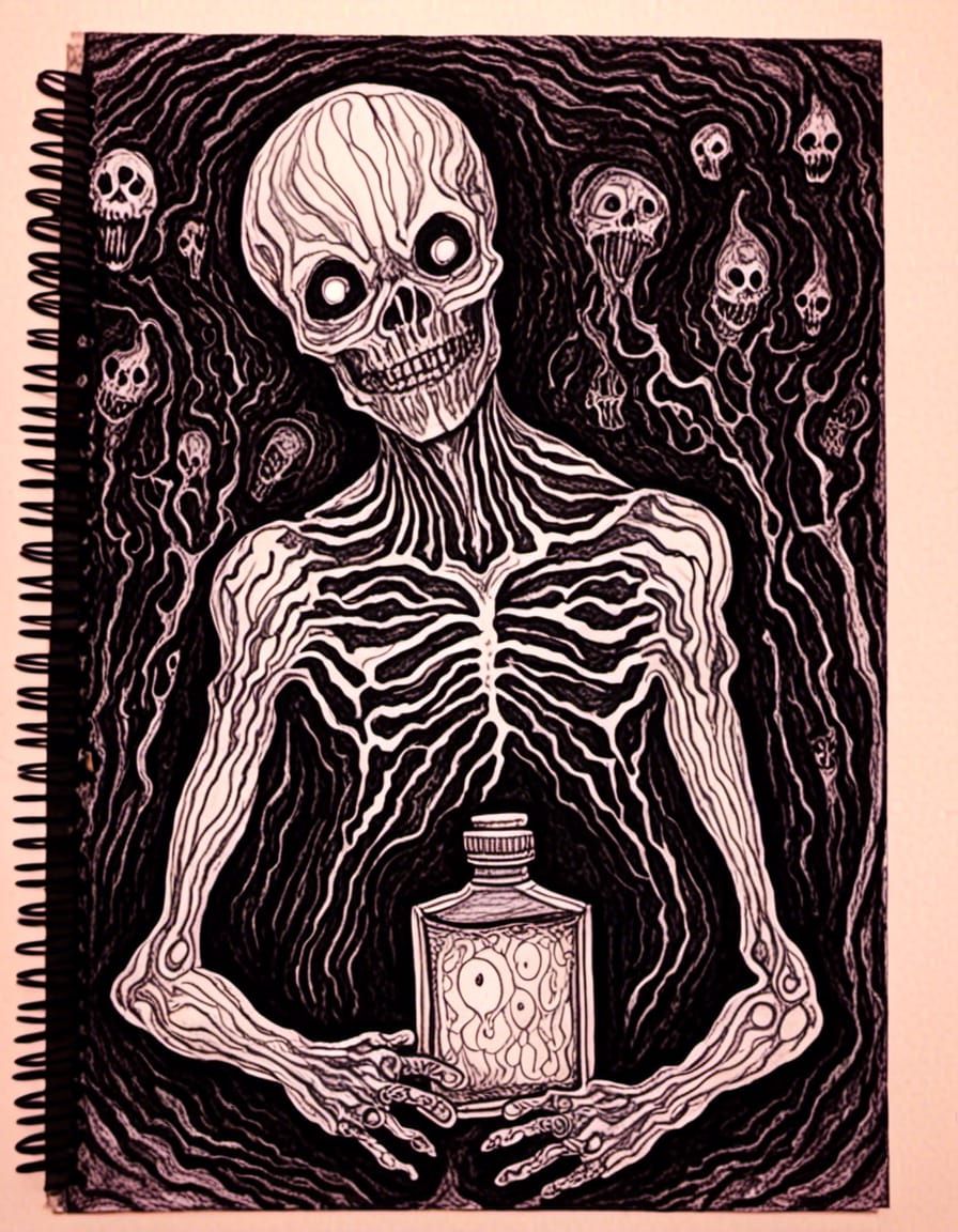 Nightmarish Flask: Gothic Ink Drawing in Alex Grey Style