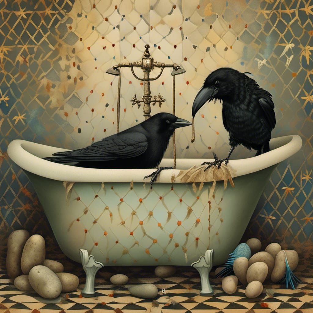 Potato and Crow Bathtub Scene in Storybook Style