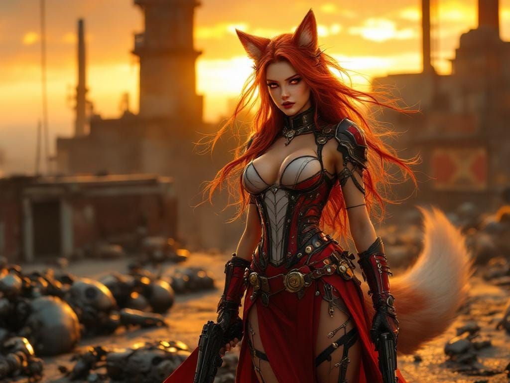 Fox Goddess Victorious in Sunset, Anime Style