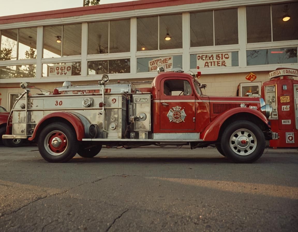 Vintage Fire Truck at Gas Station: 1950s Film Still