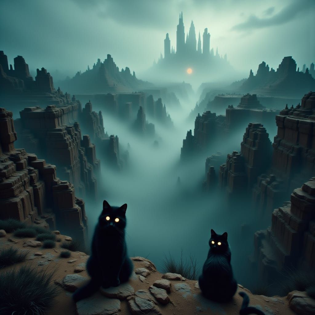 Eerie Navajo Warrior Overlooks Misty Canyon with Ghost Cats