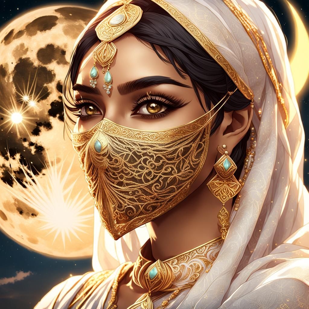 Arabian Woman in Gold Jewelry Under Moonlight