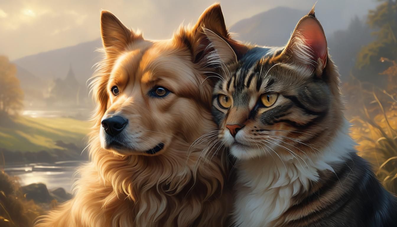Romantic Dog and Cat Embrace in Painterly Comic Style