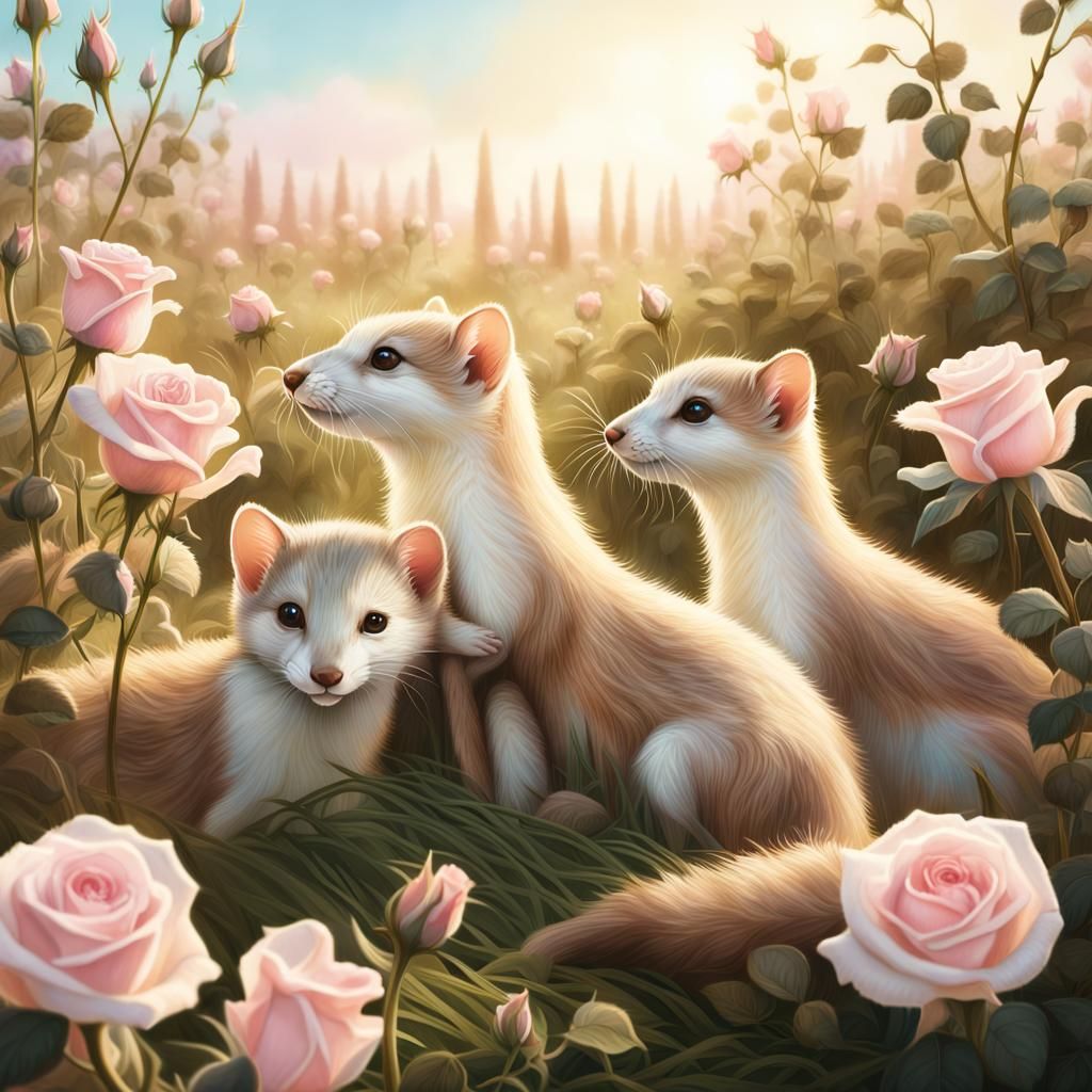 Whimsical Weasels in Rose Garden: Fantasy Matte Painting