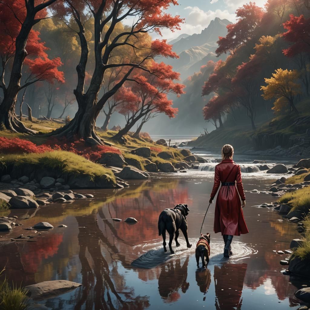 Woman in Red Dress Walks Dog: Fantasy Art